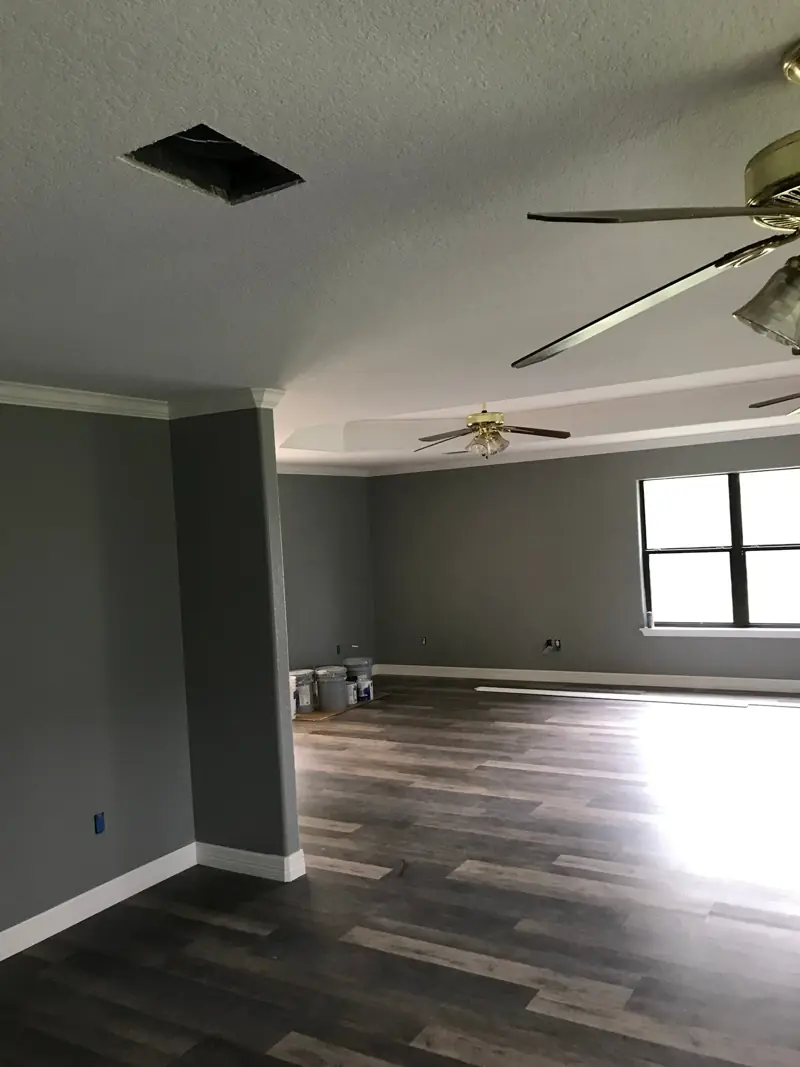 Open living area with the new plank floor and a ceiling fan under the tray ceiling.