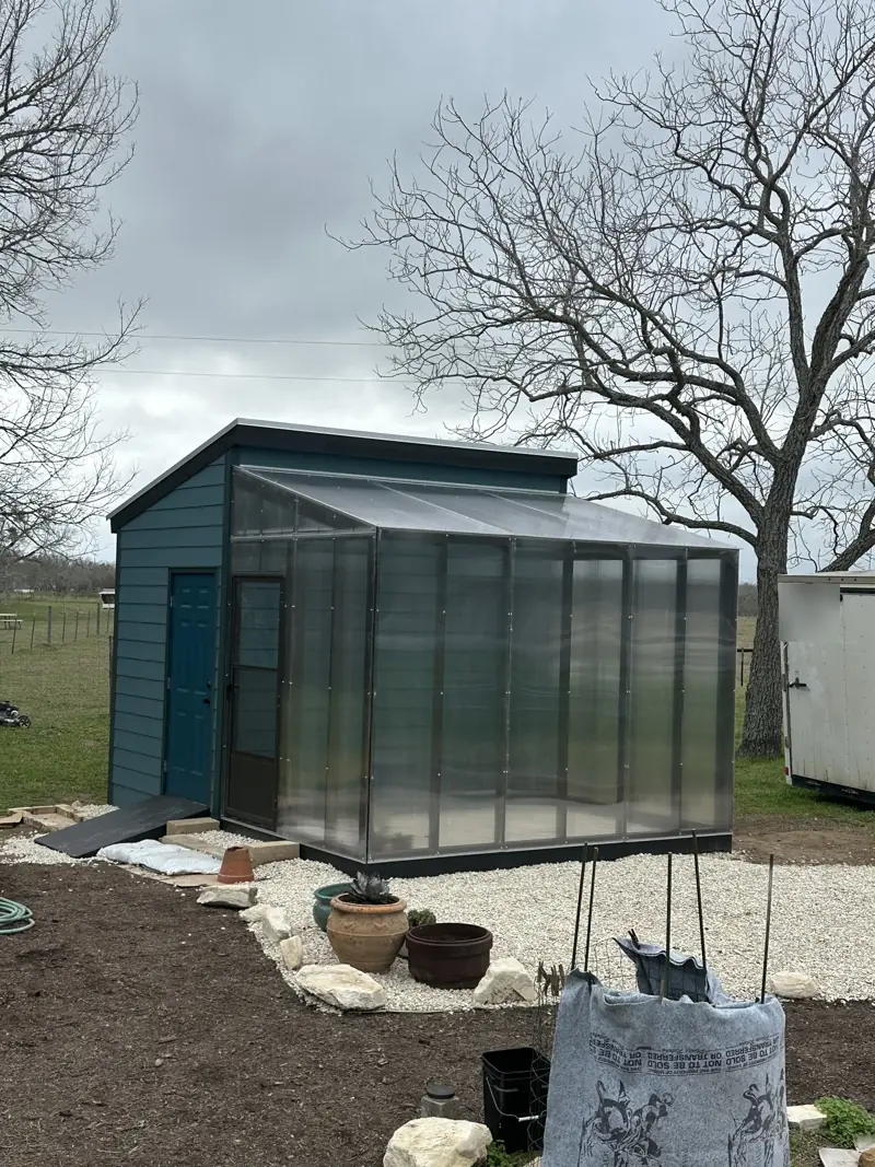 Finished polycarbonate greenhouse attached to a blue shed with a metal roof, on white gravel with potted plants.